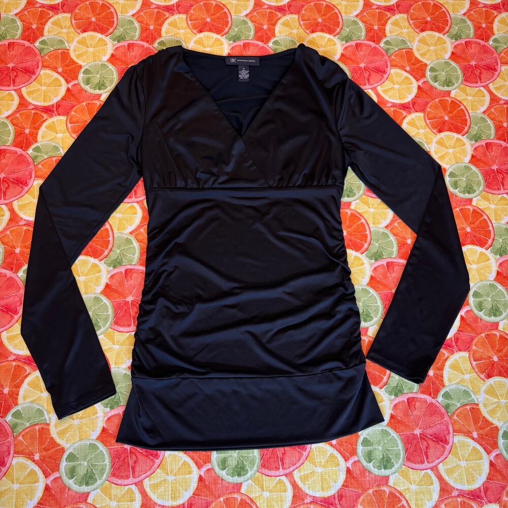 INC International Concepts Black Surplice Ruched Top S